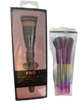 TruBeauty Pro Flat Top Kabuki Brush & Rainbow Brush Set - Pink